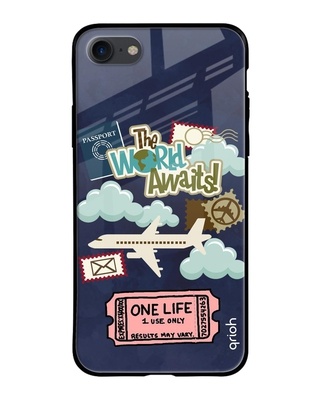 Shop The World Awaits Printed Silicon Glass Cover For Apple iPhone 8 (Light Weight, Impact Resistant)-Front