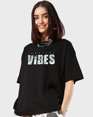 Shop Women's Black Tropical Vibes Typography Oversized T-shirt-Front