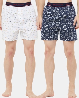 Shop Pack of 2 Men's White & Blue All Over Printed Boxers-Front
