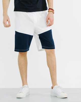 White-Navy Blue Contrast Panelled Fleece Shorts Men's Plain Contrast Panel Shorts Bewakoof.com