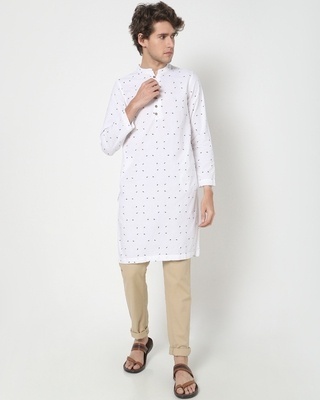 Shop Men's White All Over Crow Printed Long Kurta-Front