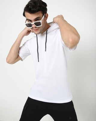 Shop Men's White Half Sleeve Hoodie T-shirt-Front