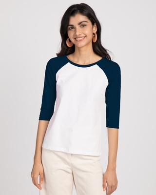 Shop White-Navy Blue 3/4th Sleeve Raglan T-Shirt-Front