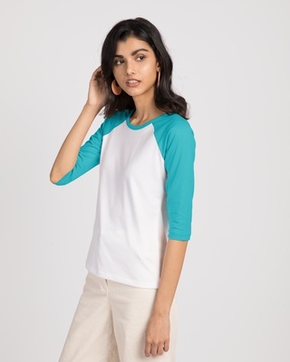 Shop White-Tropical Blue 3/4th Sleeve Raglan T-Shirt-Front