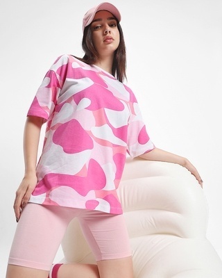 Shop Women's Pink & White Camo Printed Oversized T-shirt-Front