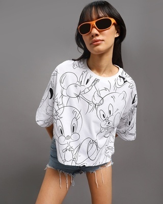 Shop Women's White All Over Tweety Printed Oversized Short Top-Front