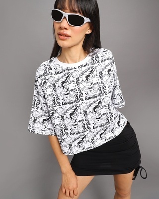 Shop Women's White All Over I Hate Mondays Printed Oversized Short Top-Front