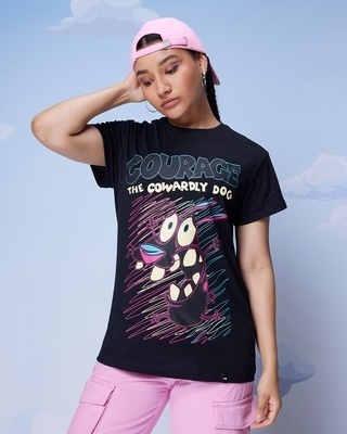 Shop Women's Black Courage Cowardly Graphic Printed Boyfriend T-shirt-Front