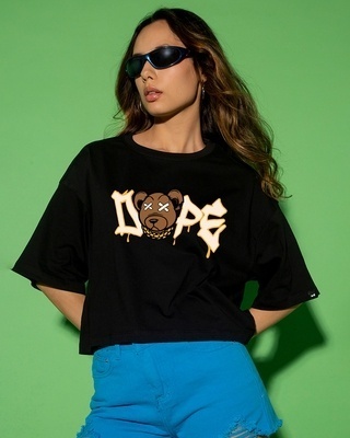 Shop Women's Black Dope Bear Graphic Printed Oversized Short Top-Front