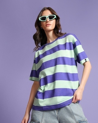Shop Women's Blue & Green Striped Oversized T-shirt-Front