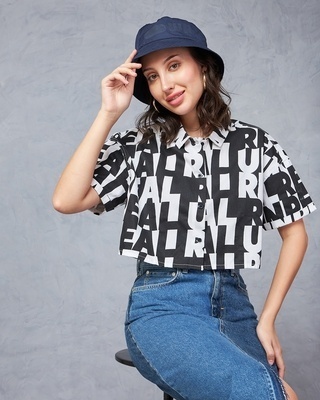 Shop Women's White & Black All Over Printed Oversized Cropped Shirt-Front