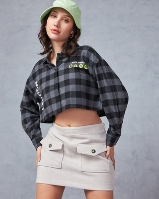 Shop Women's Black & Grey Modern Noise Checked Oversized Cropped Shirt-Front