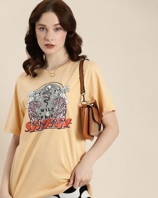 Shop Women's Beige Graphic Printed Oversized T-shirt-Front