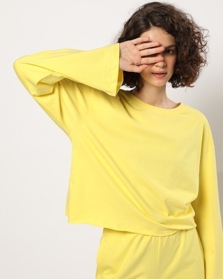 Shop Women's Birthday Yellow Bell Sleeve Super Loose Short Top-Front