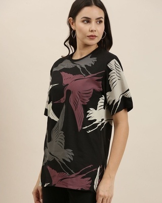 Shop Women's Black All Over Birds Printed Oversized T-shirt-Front