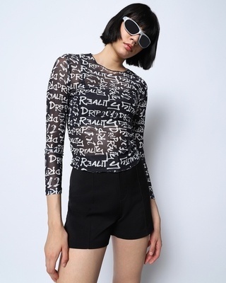 Shop Women's Black All Over Printed Slim Fit Short Top-Front