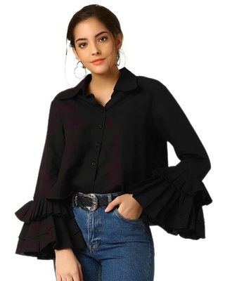 Shop Women's Black Bell Sleeve Shirt-Front