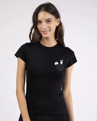 Shop Women's Black Bunny Rabbit Pocket Slim Fit T-shirt-Front