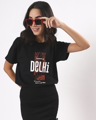 Shop Women's Black Delhi City Typography Boyfriend T-shirt-Front
