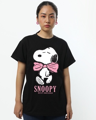 Shop Women's Black Dressed Up Snoopy Graphic Printed Boyfriend T-shirt-Front