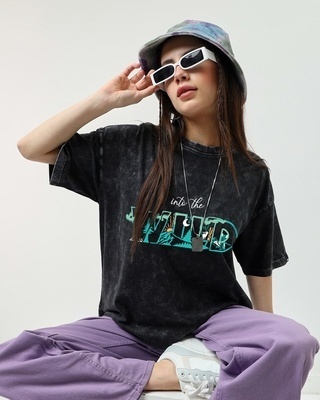 Shop Women's Black Into The Wild Graphic Printed Oversized Acid Wash T-shirt-Front