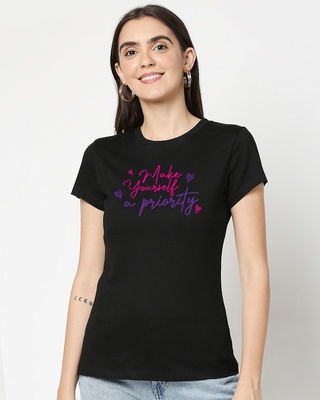 Shop Women's Black Make Yourself A Priority Printed T-shirt-Front