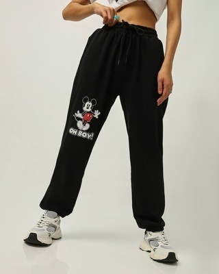 Shop Women's Black Mickey Graphic Printed Oversized Joggers-Front