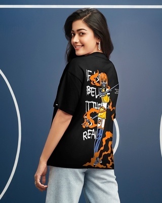 Shop Women's Black Nessy Graphic Printed Oversized T-shirt-Front