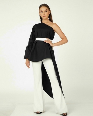 Shop Women's Black One Shoulder Relaxed Fit Top with Belt-Front