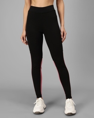 Shop Women's Black & Pink Color Block Skinny Fit Tights-Front