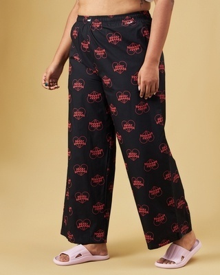Shop Women's Black All Over Printed Oversized Wide Leg Plus Size Pyjamas-Front