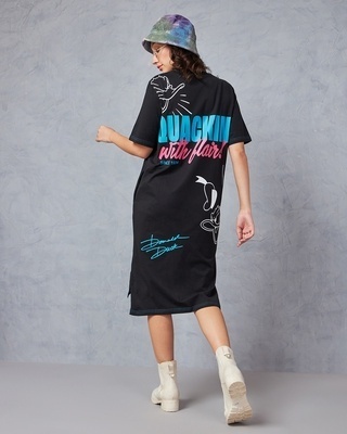 Shop Women's Black Donald Duck Graphic Printed Oversized T-Shirt Dress-Front