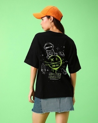 Shop Women's Black Space Bound Graphic Printed Oversized T-shirt-Front