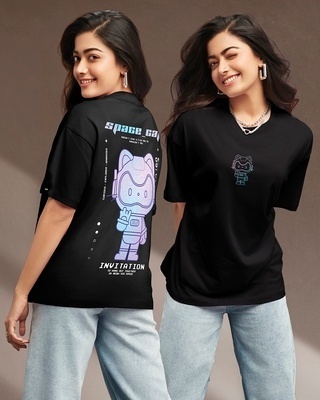 Shop Women's Black Space Cat Graphic Printed Oversized T-shirt-Front