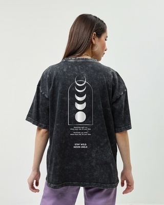 Shop Women's Black Stay Wild Moonchild Graphic Printed Oversized Acid Wash T-shirt-Front