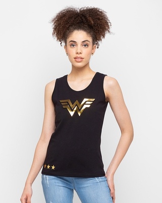 Shop Women's Black Wonder Women Logo Gold Foil Printed Tank Top-Front