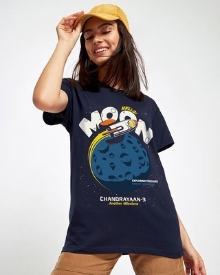 Shop Women's Blue Chandrayaan 3 Hello Moon Graphic Printed Boyfriend T-shirt-Front