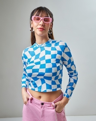 Shop Women's Blue & White Clueless Checked Slim Fit Short Top-Front