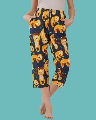 Shop Women's Blue Cute Sloth All Over Printed Capris-Front