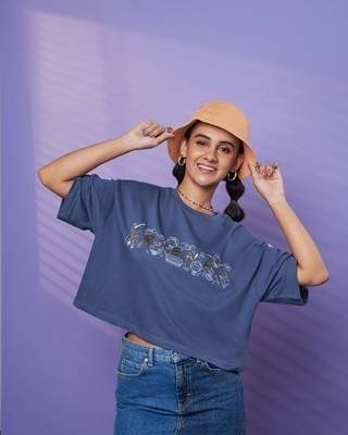 Shop Women's Blue Friends Chibi Logo Graphic Printed Oversized Short Top-Front