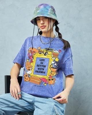 Shop Women's Blue Friends Life Graphic Printed Oversized Acid Wash T-shirt-Front