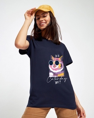 Shop Women's Blue Is It Caturday Graphic Printed Boyfriend T-shirt-Front