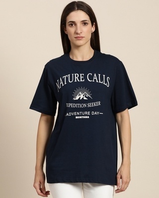 Shop Women's Blue Nature Calls Typography Oversized T-shirt-Front