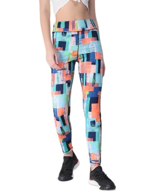 Shop Women's Blue & Orange Abstract Printed Skinny Fit Tights-Front