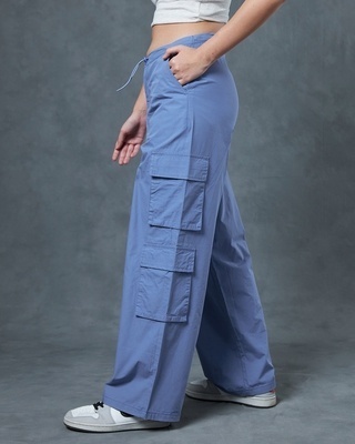 Shop Women's Blue Oversized Cargo Parachute Pants-Front