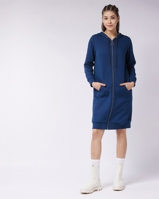 Shop Women's Blue Hooded Long Jacket-Front