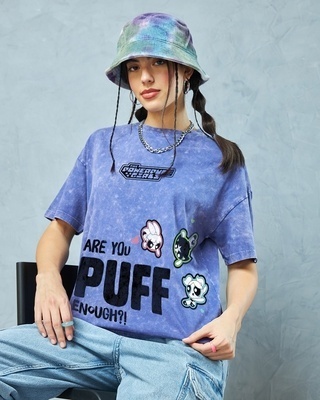 Shop Women's Blue Powerpufff Enough Graphic Printed Oversized Acid Wash T-Shirt-Front