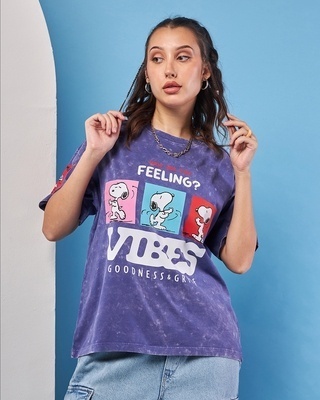 Shop Women's Blue Snoopy Vibes Graphic Printed Oversized Acid Wash T-shirt-Front