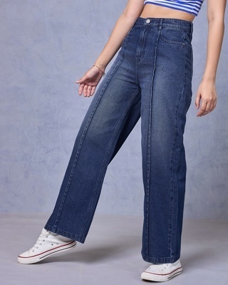 Shop Women's Blue Washed Straight Fit Jeans-Front
