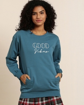 Shop Women's Blue Typography Oversized Sweatshirt-Front